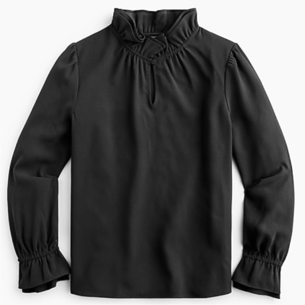 J.Crew Ruffleneck top in 365 Crepe Ruffled Long Sleeve Top Blouse Black XS